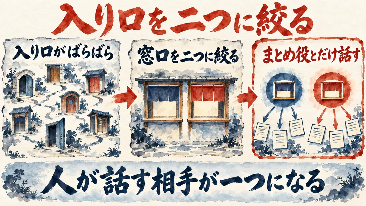 水彩の図解。見出し「入り口を二つに絞る」。入り口がばらばら、窓口を二つに絞る、まとめ役とだけ話す、の順に札が並び、下の帯に「人が話す相手が一つになる」