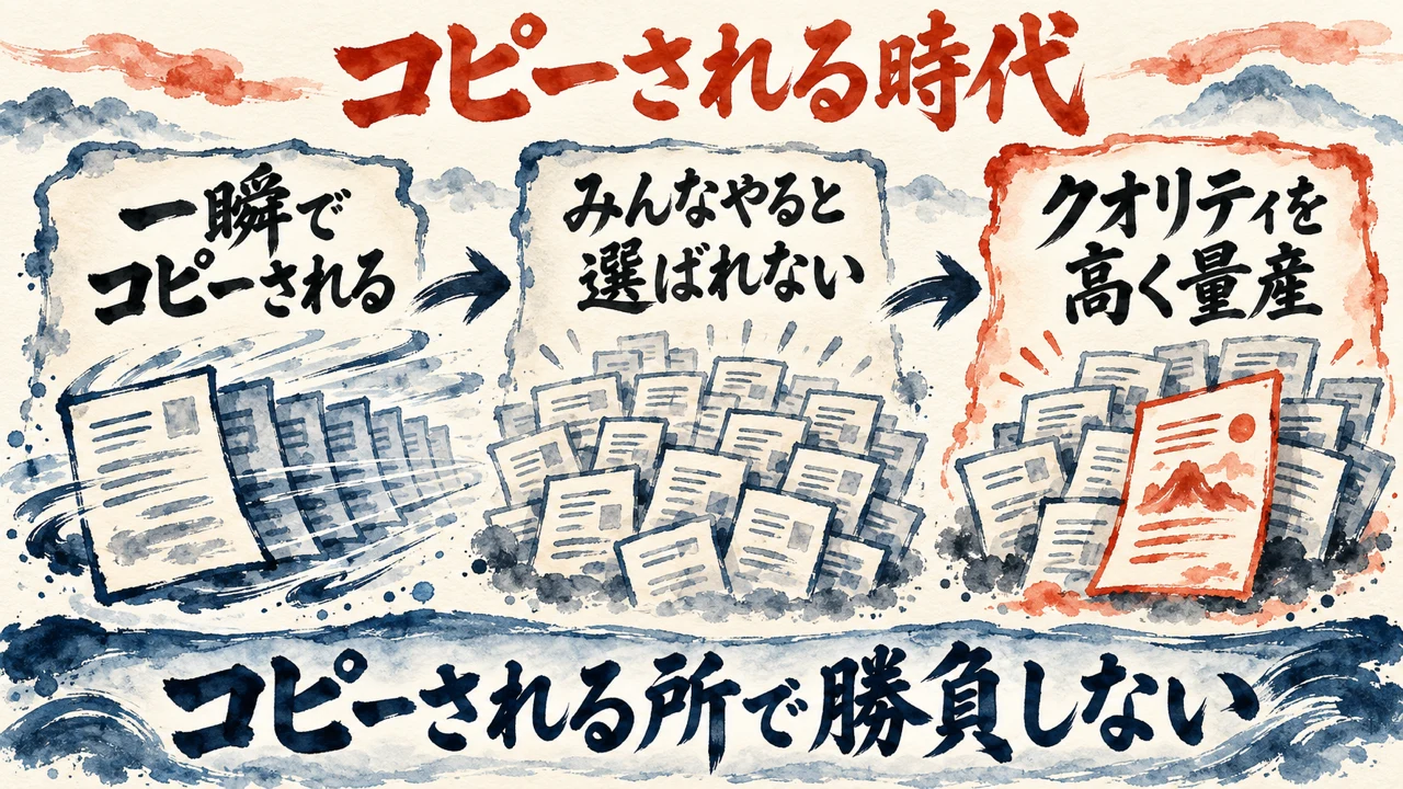 「コピーされる時代」の図解。「一瞬でコピーされる」「みんなやると選ばれない」「クオリティを高く量産」の三つの札が並び、下の帯に「コピーされる所で勝負しない」