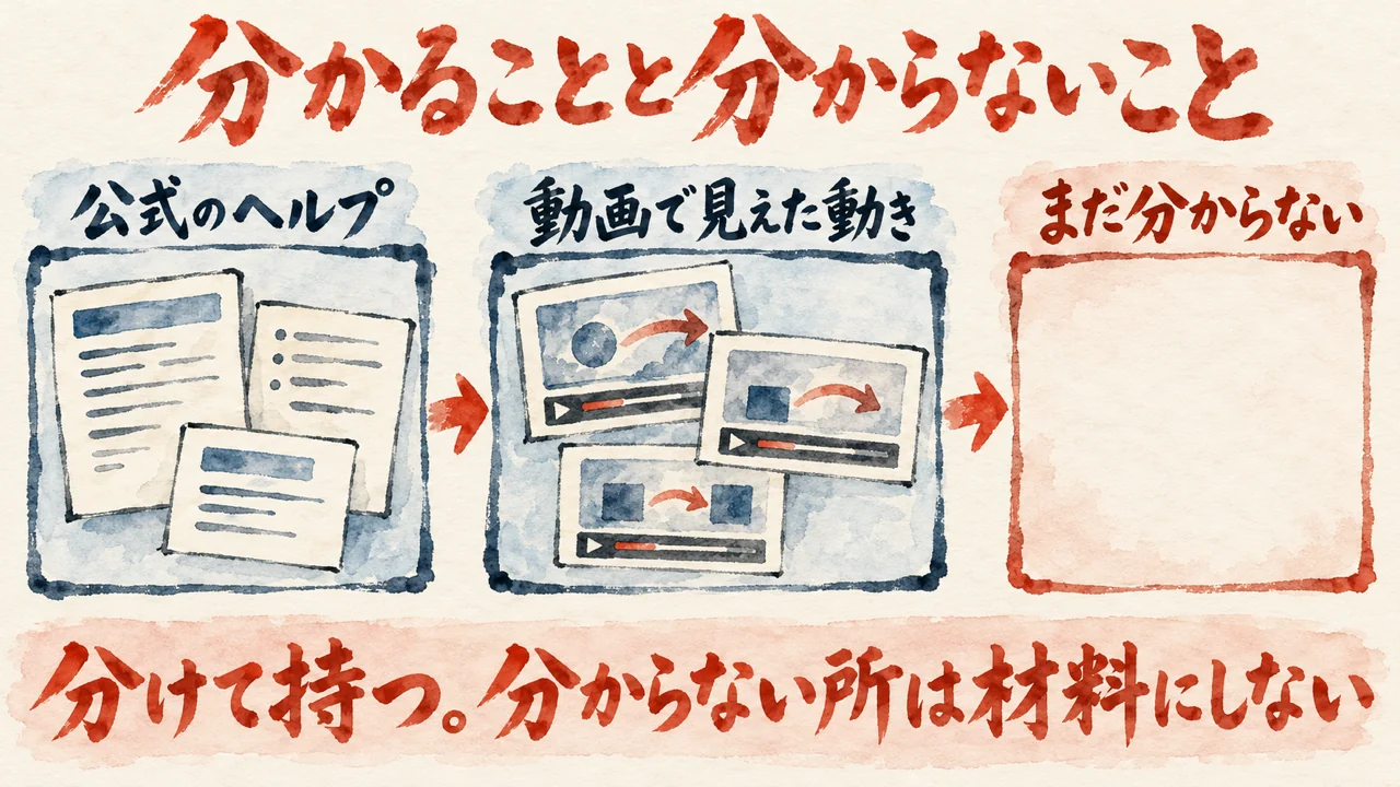 図解。公式のヘルプ、動画で見えた動き、まだ分からないことの3つの箱を並べ、分けて持つことを示している