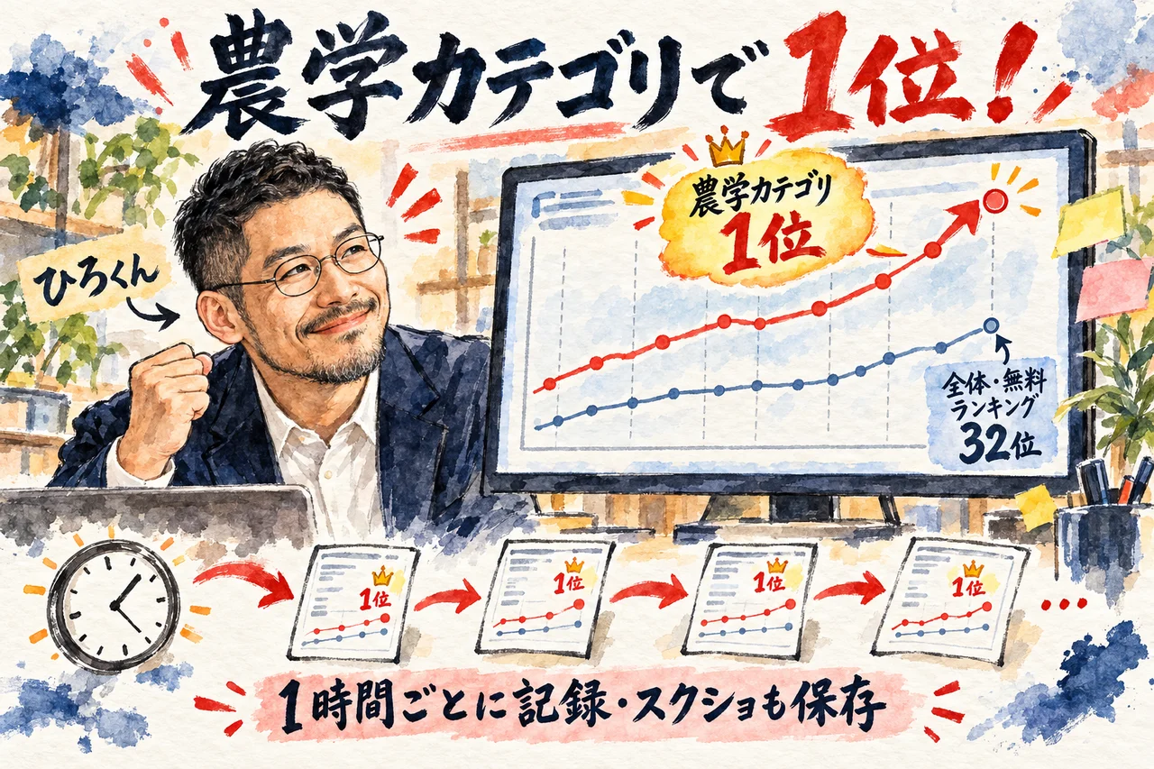 農学カテゴリで1位、全体は無料ランキング32位｜ひろくんがランキングの画面を見て、1位の表示にうなずく場面