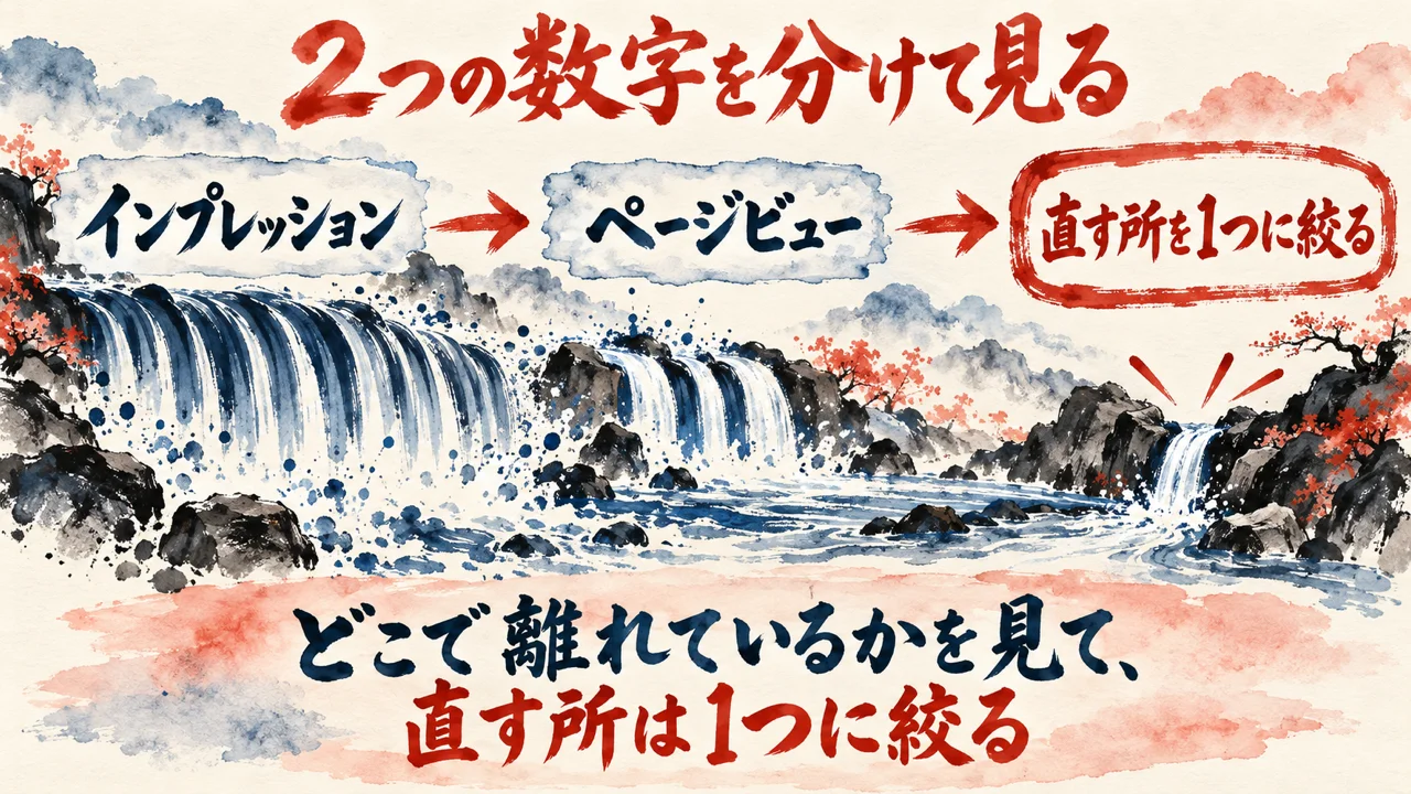 図解。インプレッションとページビューの2つの数字を並べ、どこで離れているかを見て、直す所を1つに絞る流れを示している