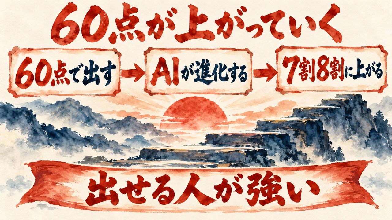 図解。60点で出す、AIが進化する、7割8割に上がる、の三つの札が矢印でつながり、山の階段と朝日の絵、下に出せる人が強いの帯