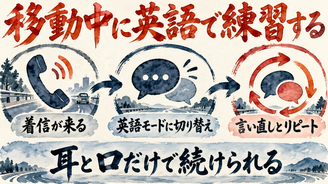 図解。着信が来て、英語モードに切り替え、言い直しとリピートで練習する流れを示している