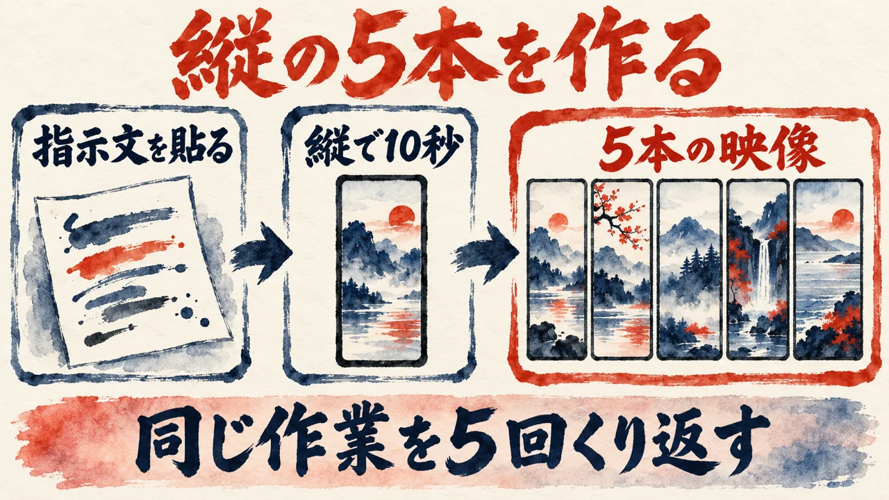 Google Flowで5本を作る図解。「指示文を貼る」「縦で10秒」「5本の映像」の三つの札が並び、下の帯に「同じ作業を5回くり返す」