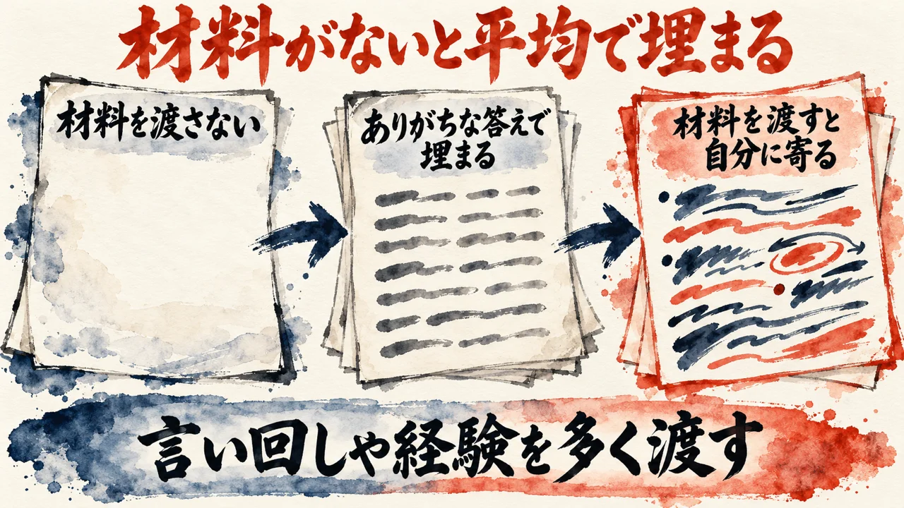 図解。材料を渡さないと、ありがちな答えで埋まる。材料を渡すと自分に寄る。下の帯に、言い回しや経験を多く渡す、とある