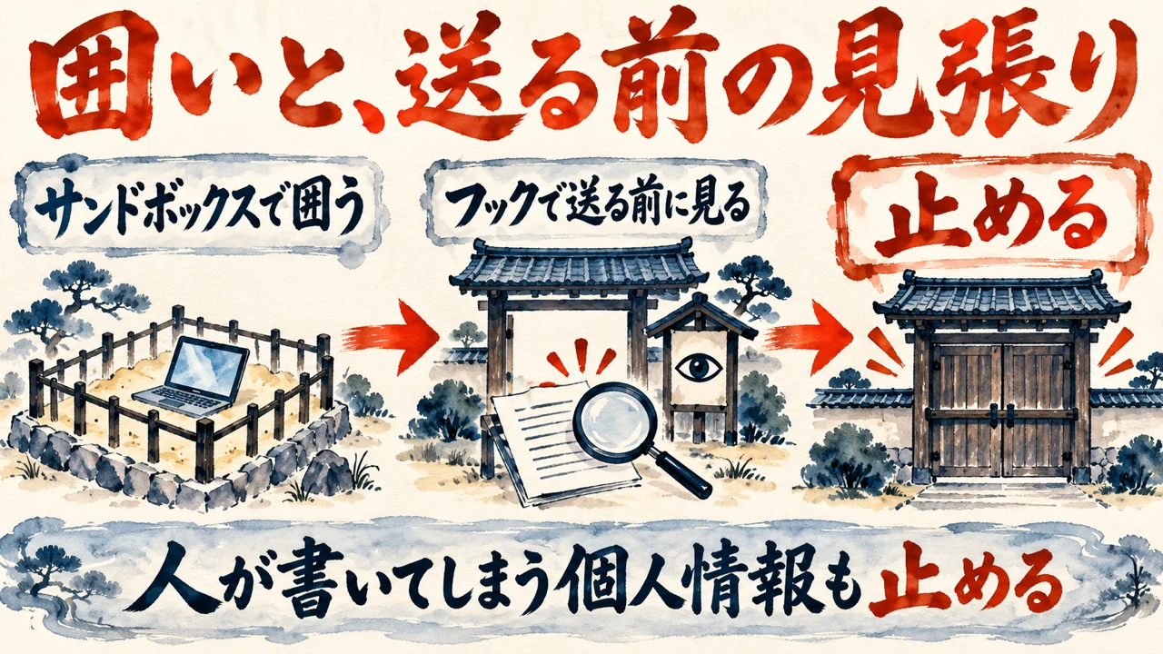 図解。サンドボックスで内蔵コマンドを囲い、フックで送る前に止める流れを示している