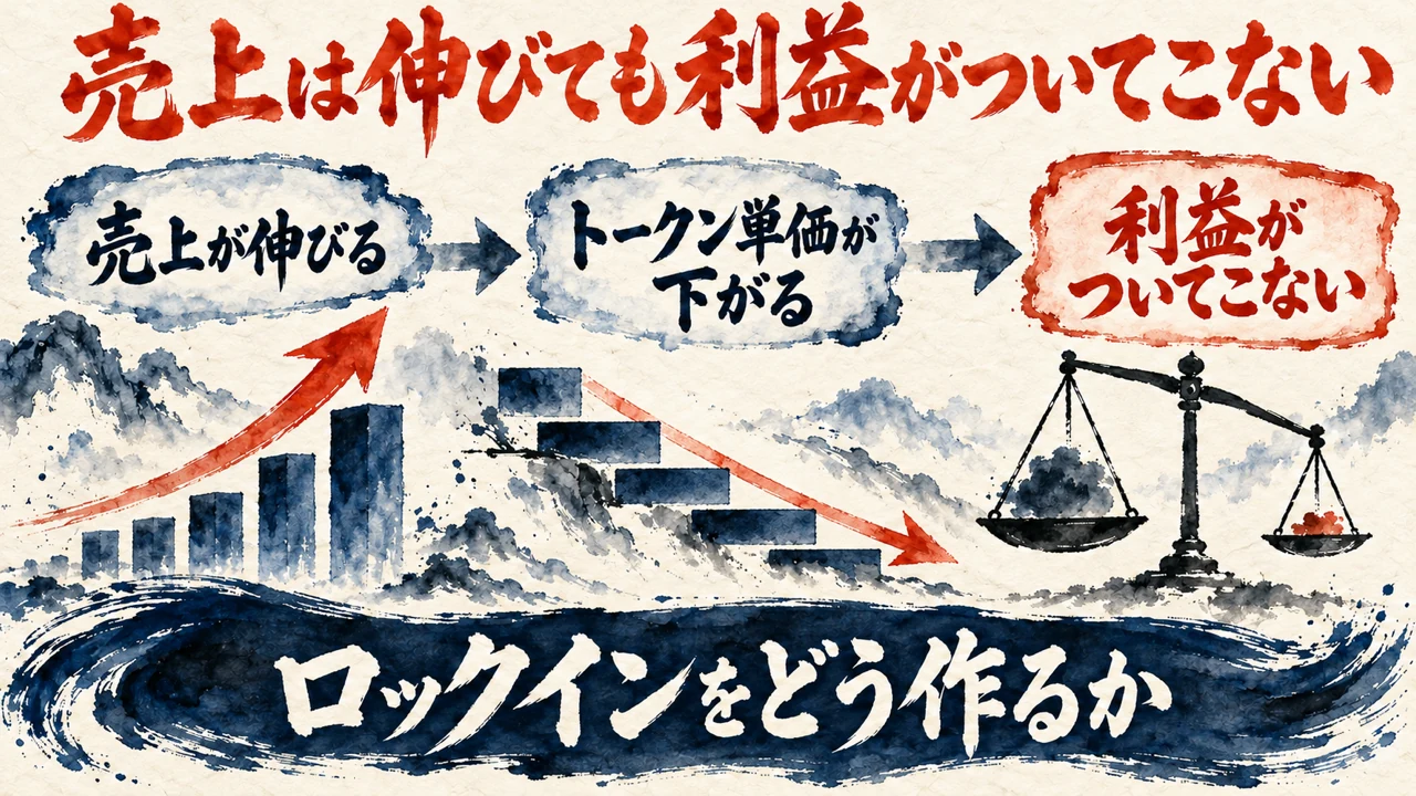 図解。売上が伸びる、トークン単価が下がる、利益がついてこない、の三つの札が矢印でつながり、下にロックインをどう作るかの帯