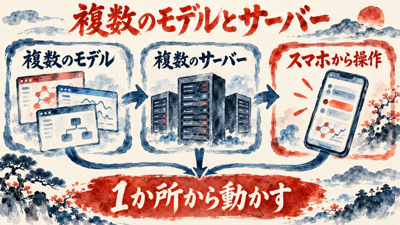 「複数のモデルと複数のサーバー」の図解。「複数のモデル」「複数のサーバー」「スマホから操作」の三つの札と、三つの窓の水彩画。下の帯に「1か所から動かす」