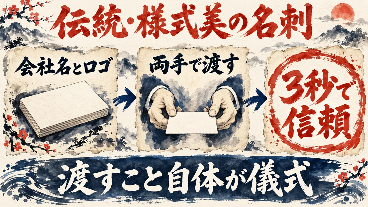 「伝統・様式美の名刺」の図解。「会社名とロゴ」「両手で渡す」「3秒で信頼」の三つの札と、名刺を差し出す両手の水彩画。下の帯に「渡すこと自体が儀式」