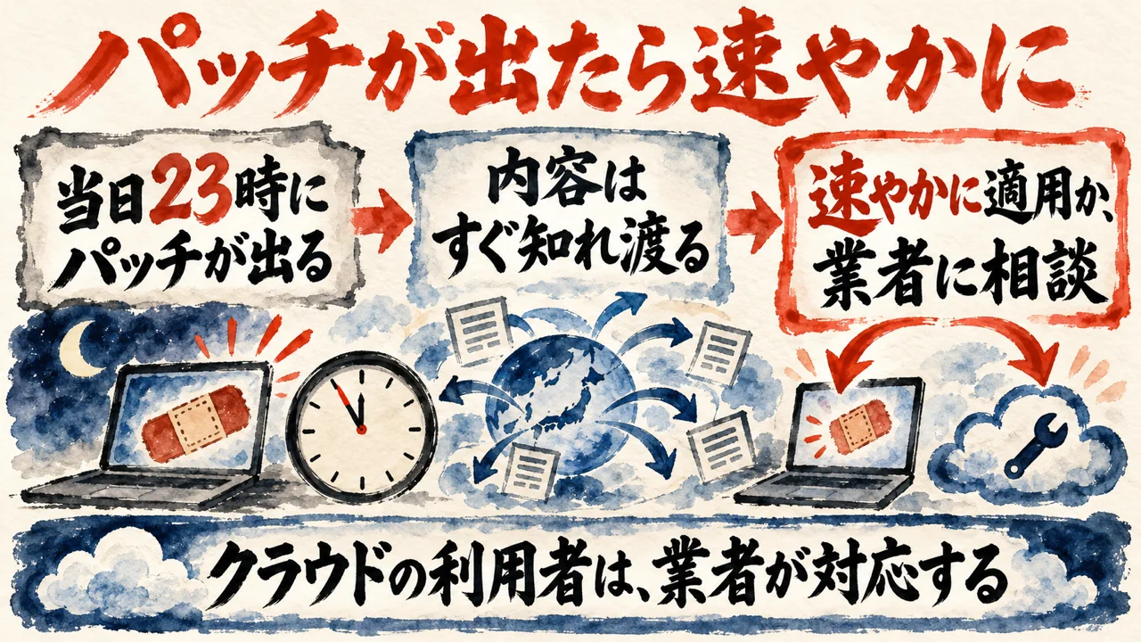 図解。当日23時にパッチが出て、内容がすぐ知れ渡り、速やかに適用するか業者に任せる流れを示している