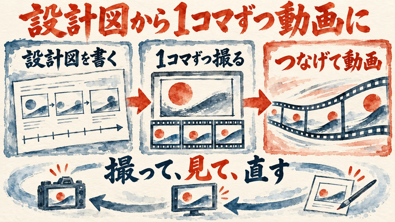 図解: 設計図を書く、1コマずつ撮る、つなげて動画にする。撮って、見て、直すの繰り返し