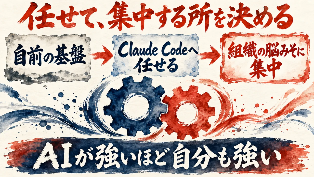 「任せて集中する」の図解。「自前の基盤」「Claude Codeへ任せる」「組織の脳みそに集中」の三つの札が矢印で並び、下の帯に「AIが強いほど自分も強い」