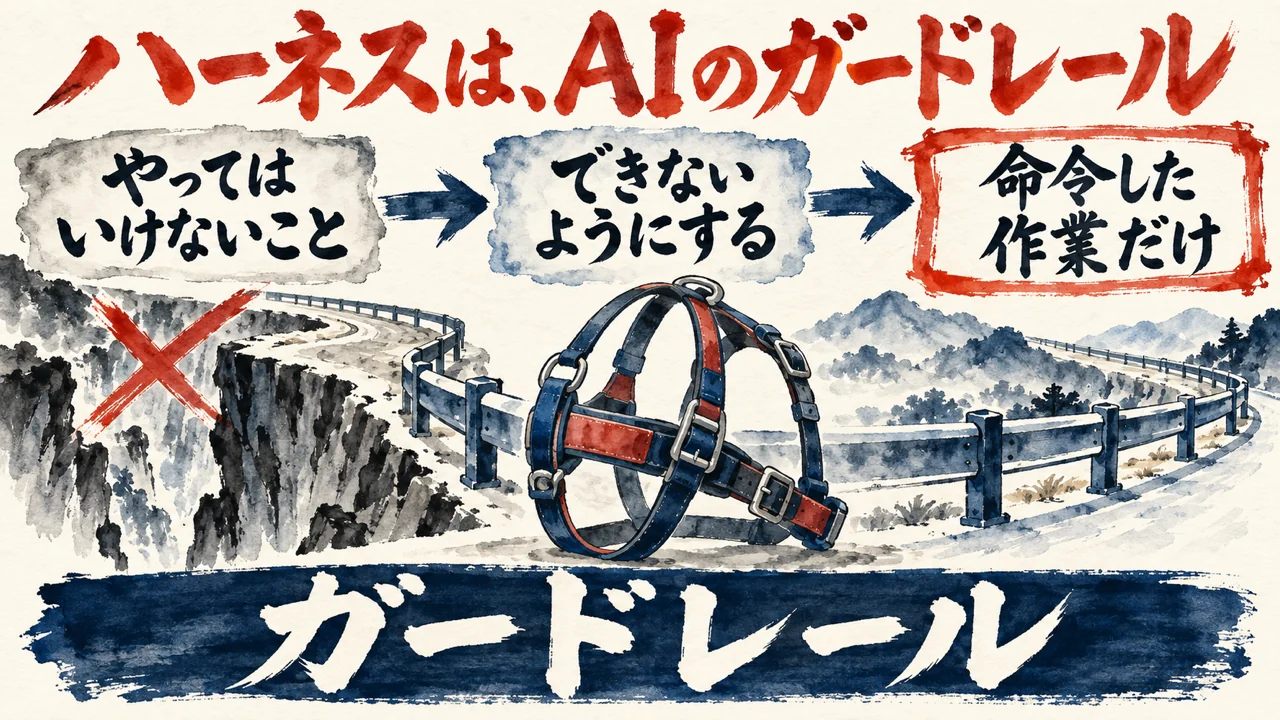 ハーネスはAIのガードレール、という図解。やってはいけないことをできないようにして、命令した作業だけをさせる流れ。道路のガードレールと犬につける胴輪の絵