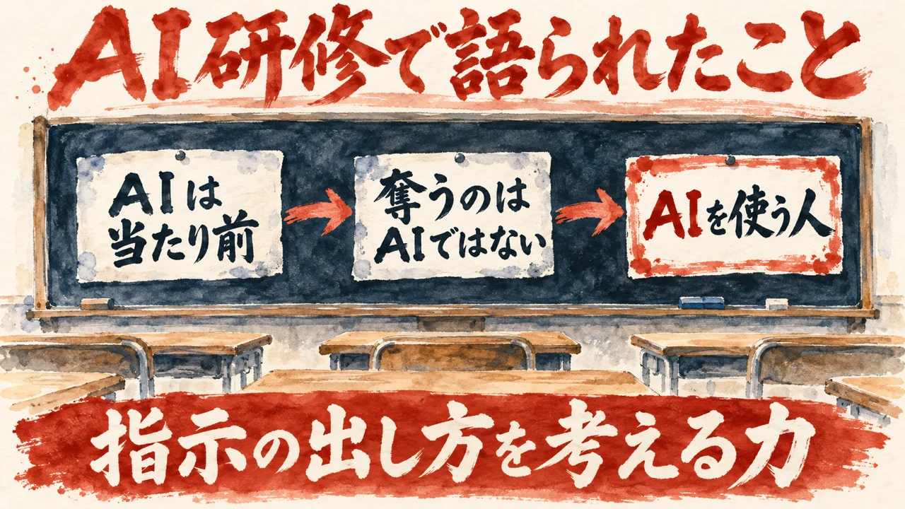 「AI研修」の図解。「AIは当たり前」「奪うのはAIではない」「AIを使う人」の三つの札と、教室の黒板の水彩画。下の帯に「指示の出し方を考える力」