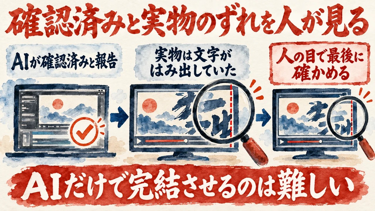 図解。AIの確認済みの報告と、人が見た実物の食い違いを、人の目で確かめる流れを示している