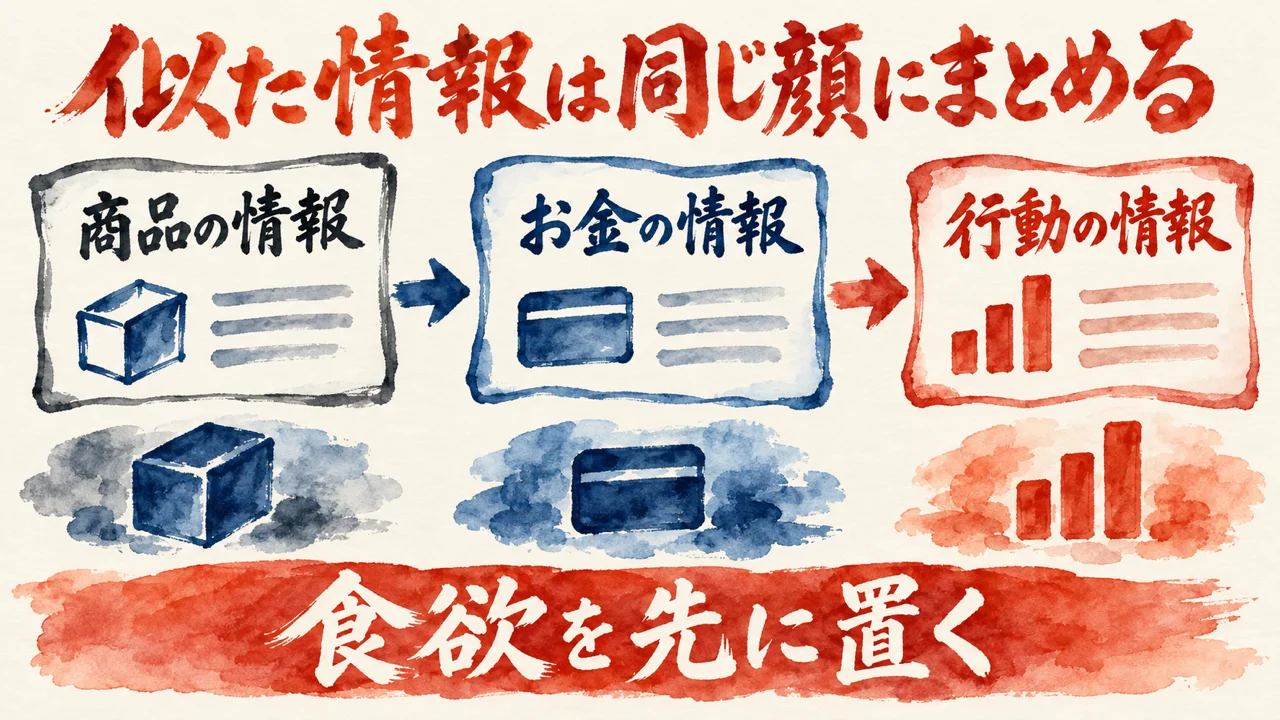 図解。商品の情報、お金の情報、行動の情報の三つの札に、箱とカードとグラフの水彩画が添えられ、下の帯に食欲を先に置くの文字。見出しは似た情報は同じ顔にまとめる