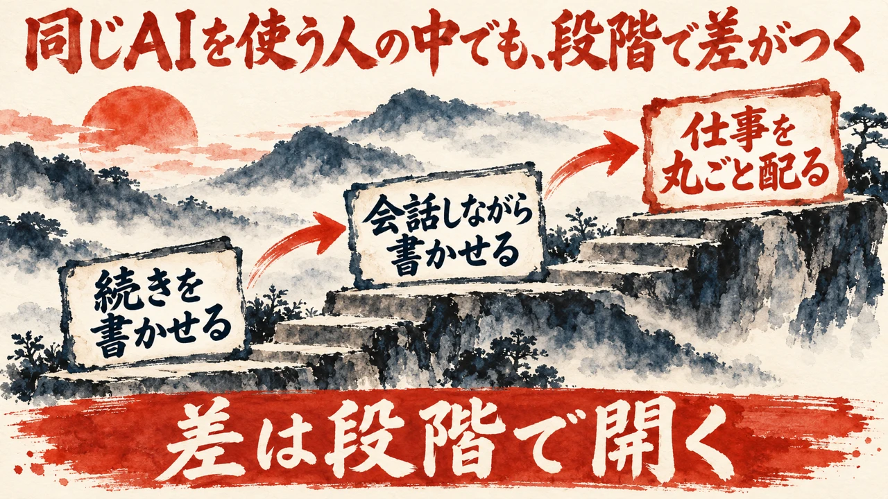 図解。続きを書かせる、会話しながら書かせる、仕事を丸ごと配る、の三つの段が階段のように描かれ、下の帯に同じAIを使う人の中でも差が出るの文字。見出しは同じAIを使う人の中でも、段階で差がつく