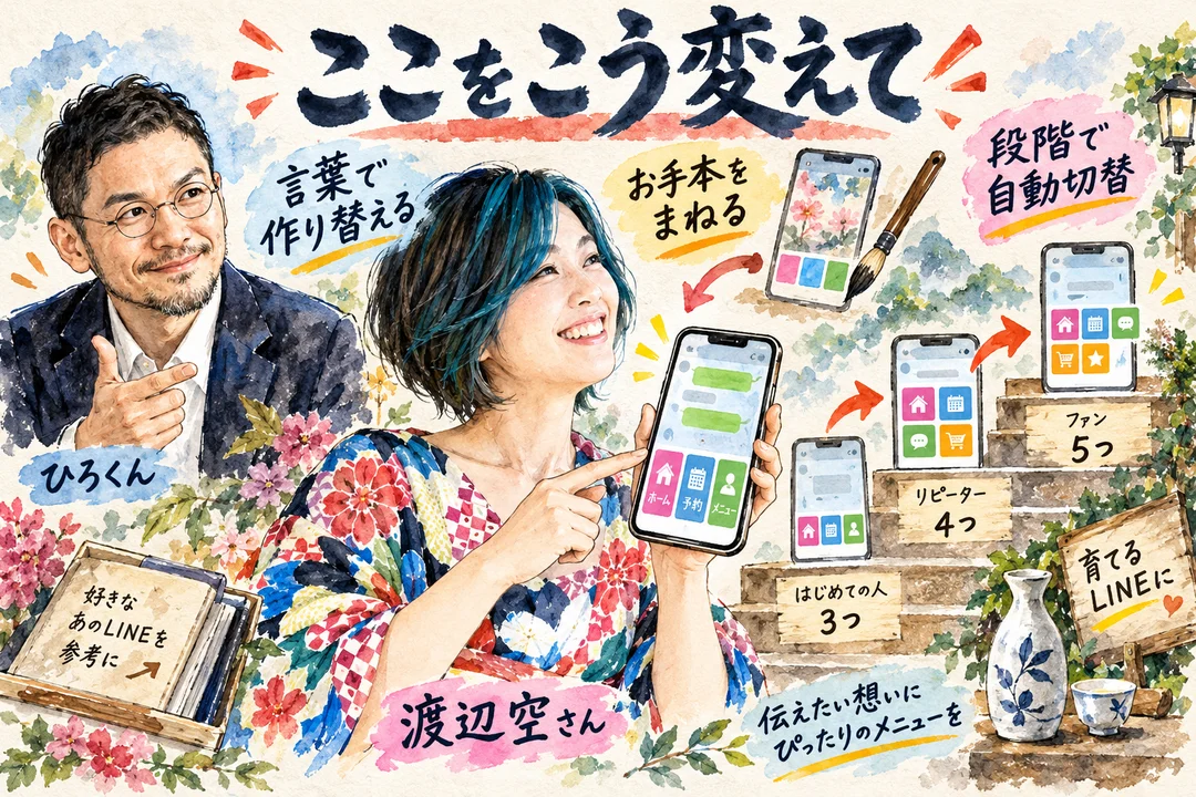 空さんが言葉で頼んで、公式LINEの画面の札を作り替えていくグラレコ