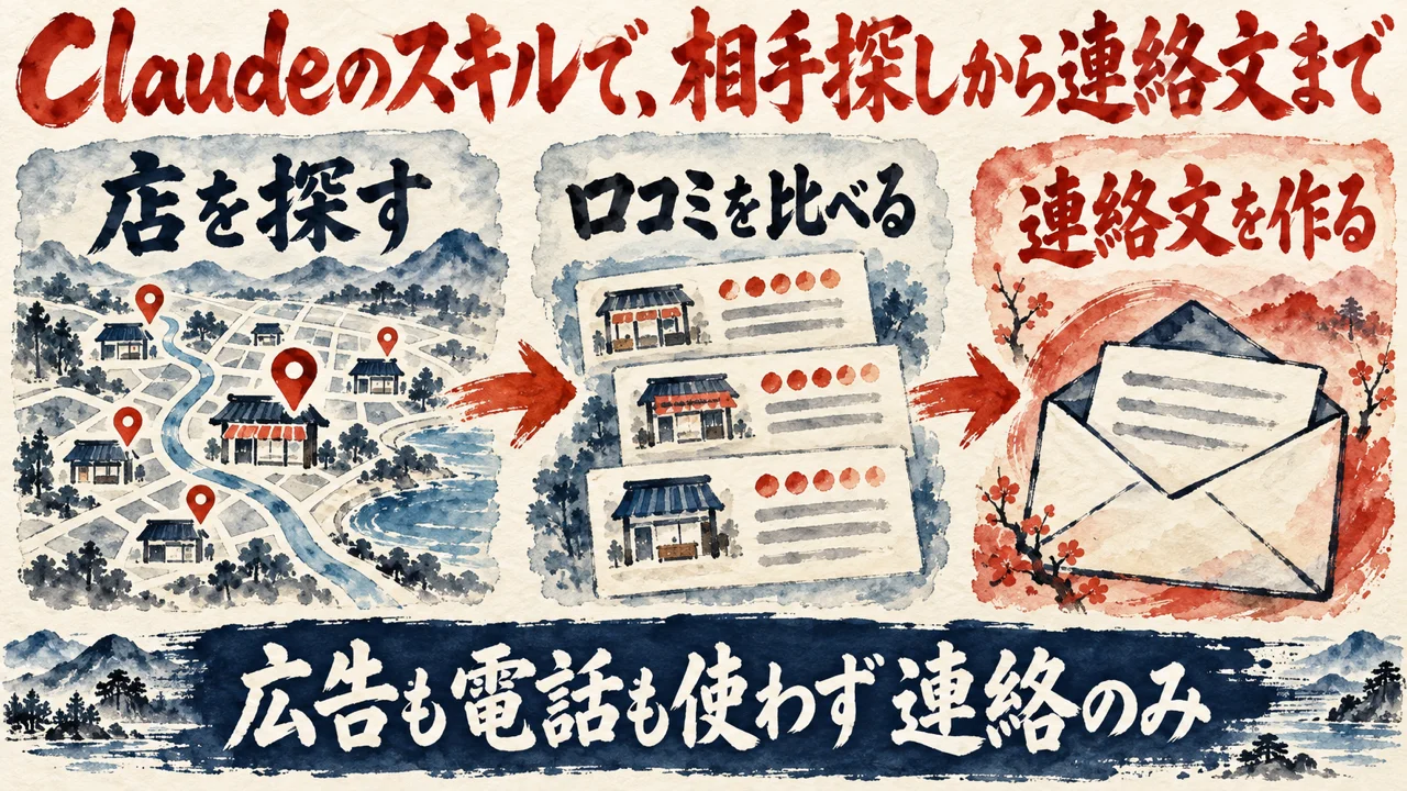 図解。店を探す、口コミを比べる、連絡文を作る、の三つの札が矢印で並び、下の帯に広告も電話も使わず連絡のみの文字