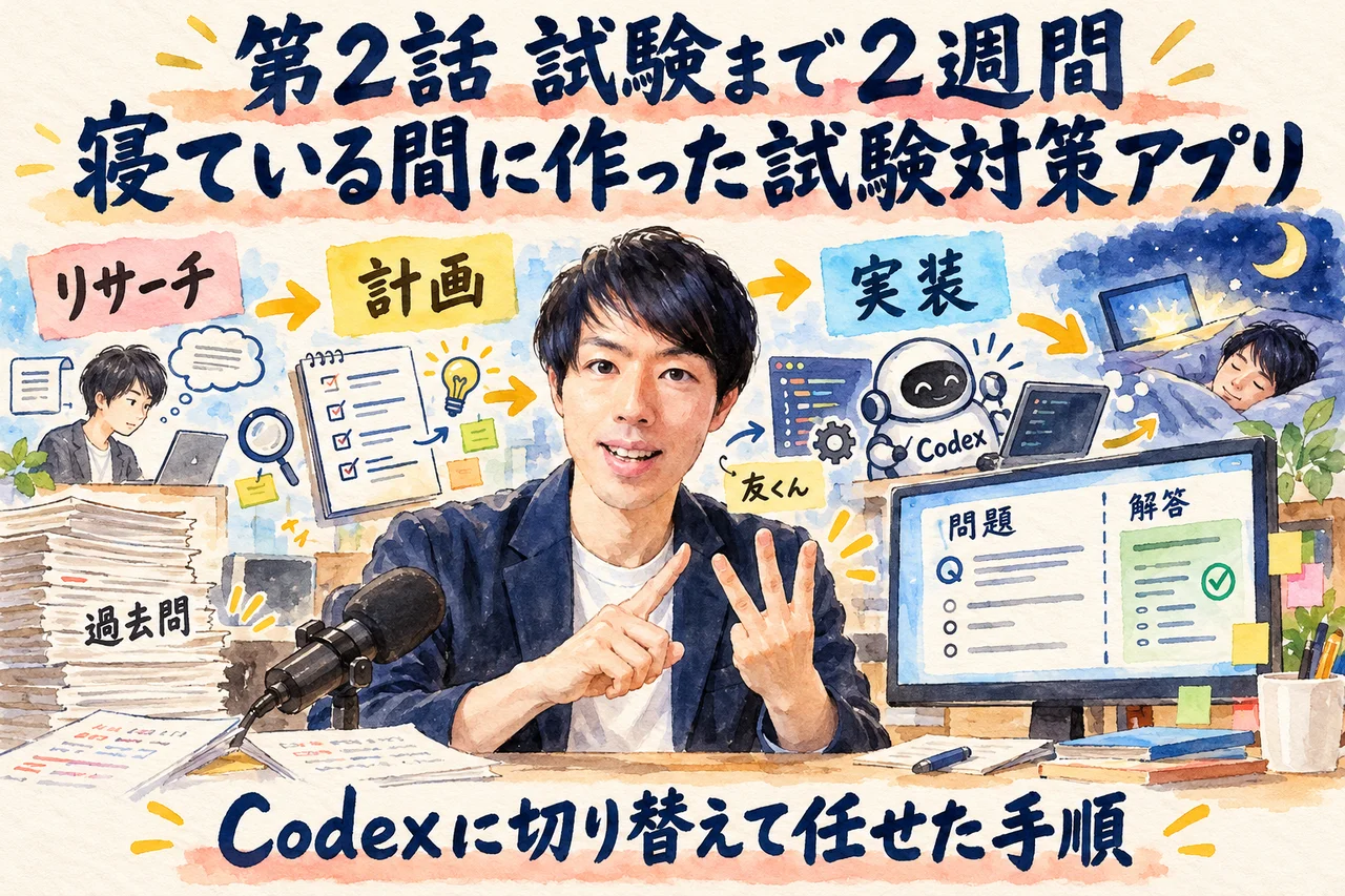第2話｜試験まで2週間、友くんがCodexに切り替えて寝ている間に試験対策アプリを作った手順を話す場面