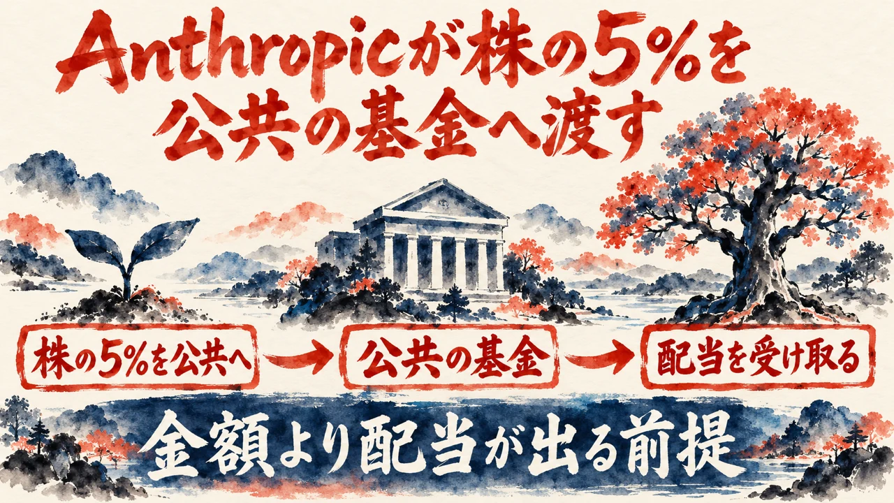 図解。株の5%を公共へ、公共の基金、配当を受け取る、の三つの札が矢印で並び、下の帯に金額より配当が出る前提の文字