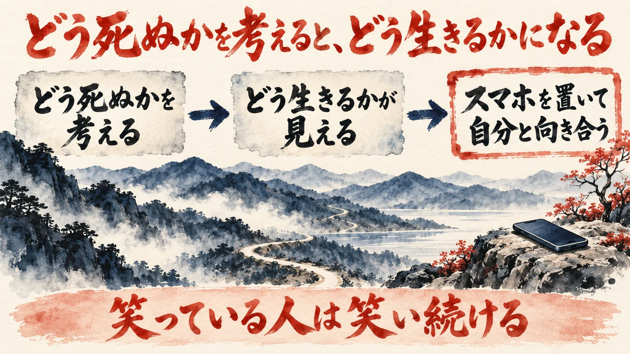 図解。どう死ぬかを考える、どう生きるかが見える、スマホを置いて自分と向き合う、の三つの札が並び、下の帯に笑っている人は笑い続けるの文字。見出しはどう死ぬかを考えると、どう生きるかになる