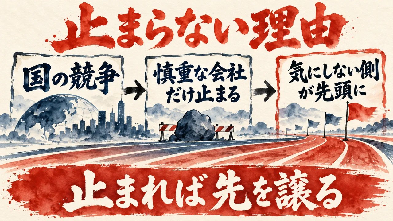 「止まらない理由」の図解。「国の競争」「慎重な会社だけ止まる」「気にしない側が先頭に」の三つの札と、競走路の水彩画。下の帯に「止まれば先を譲る」