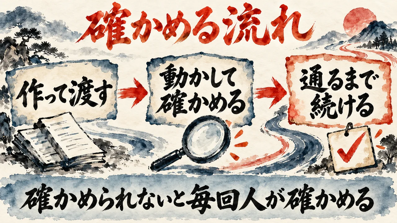 図解。作って渡す、動かして確かめる、通るまで続ける、の三つの札が並び、下の帯に確かめられないと毎回人が確かめるの文字