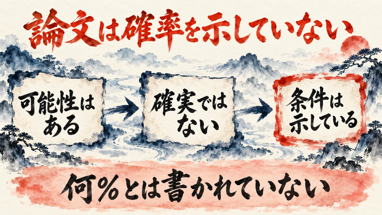 図解。可能性はある、確実ではない、条件は示している、の三つの札が並び、下の帯に何%とは書かれていないの文字