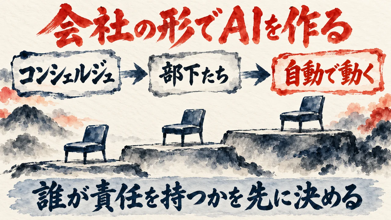 「会社の形でAIを作る」の図解。「コンシェルジュ」「部下たち」「自動で動く」の三つの札と、階段状に並ぶ三つの席の水彩画。下の帯に「誰が責任を持つかを先に決める」