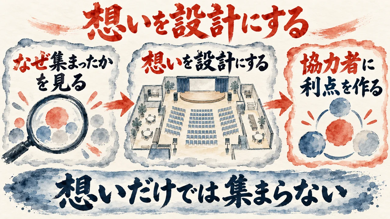 「想いを設計にする」の図解。「なぜ集まったかを見る」「想いを設計にする」「協力者に利点を作る」の三つの札が矢印で並び、虫眼鏡と会場の見取り図の水彩画。下の帯に「想いだけでは集まらない」