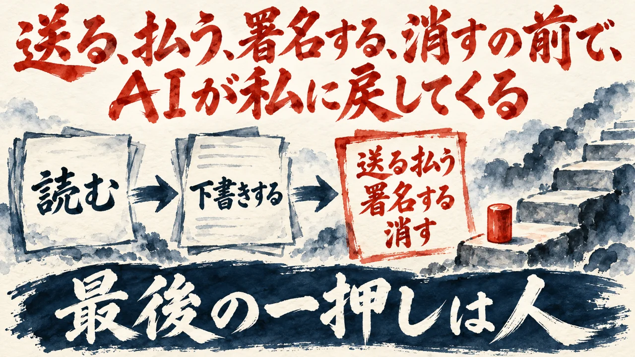 図解。読む、下書きする、送る払う署名する消す、の三つの段が階段のように描かれ、下の帯に最後の一押しは人の文字