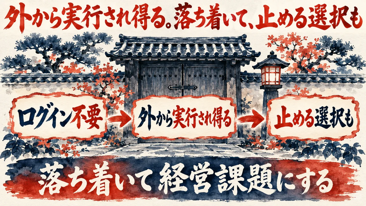図解。ログイン不要、外から実行され得る、止める選択も、の三つの札が矢印で並び、閉じた門と灯籠の水彩画を背景に、下の帯に落ち着いて経営課題にするの文字。見出しは外から実行され得る。落ち着いて、止める選択も