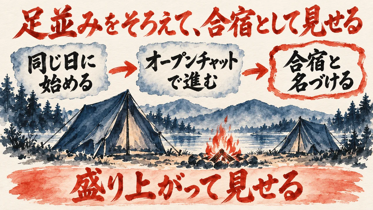 図解。同じ日に始める、オープンチャットで進む、合宿と名づける、の三つの札と、テントと焚き火の水彩画。下の帯に盛り上がって見せるの文字。見出しは足並みをそろえて、合宿として見せる
