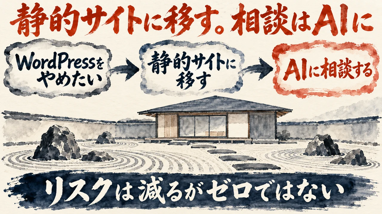 図解。WordPressをやめたい、静的サイトに移す、AIに相談する、の三つの札が矢印で並び、静かな石庭の水彩画が添えられ、下の帯にリスクは減るがゼロではないの文字。見出しは静的サイトに移す。相談はAIに