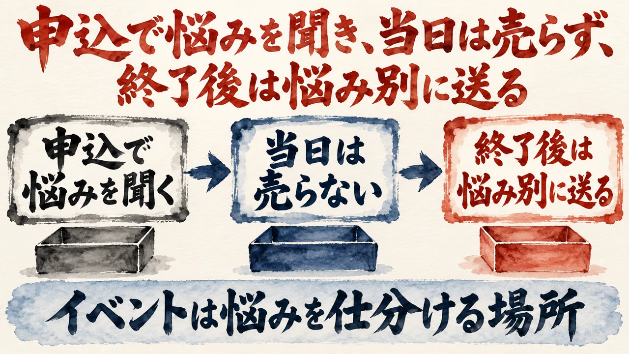 図解。申込で悩みを聞く、当日は売らない、終了後は悩み別に送る、の三つの札が矢印で並び、下の帯にイベントは悩みを仕分ける場所の文字。見出しは申込で悩みを聞き、当日は売らず、終了後は悩み別に送る