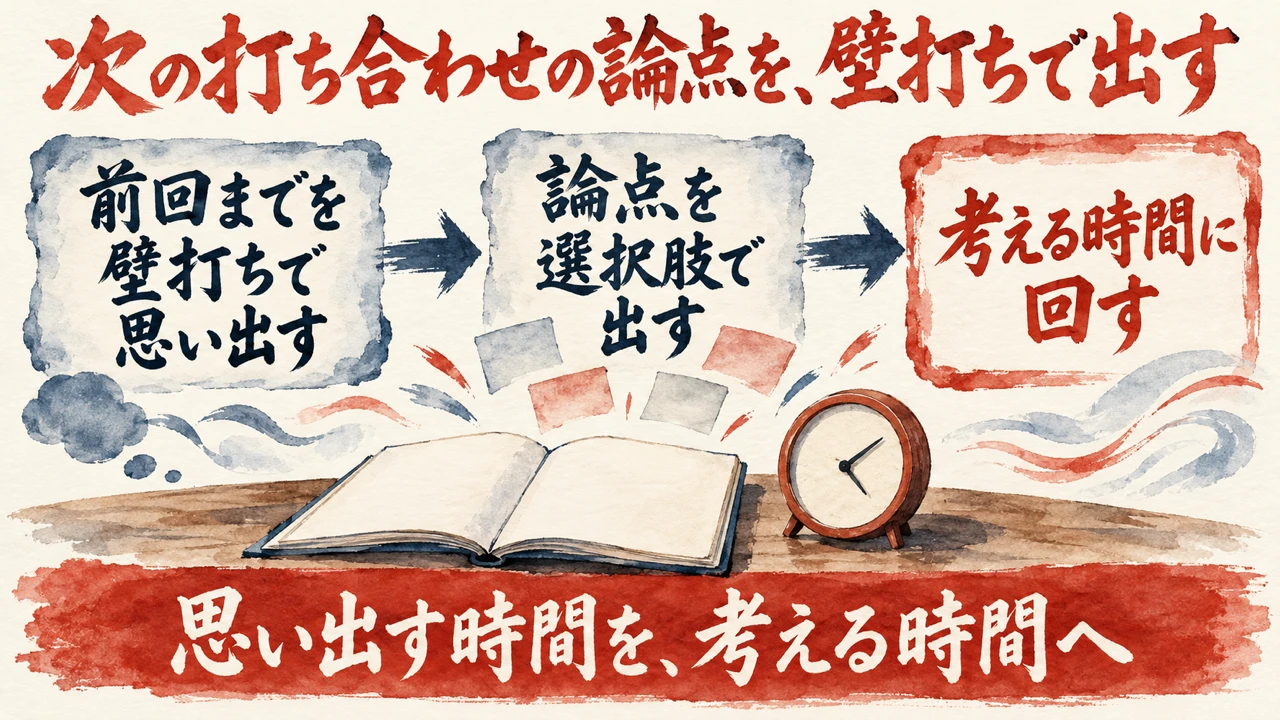 図解。前回までを壁打ちで思い出す、論点を選択肢で出す、考える時間に回す、の三つの札が矢印で並び、手帳と時計の水彩画が描かれ、下の帯に思い出す時間を考える時間への文字。見出しは次の打ち合わせの論点を、壁打ちで出す