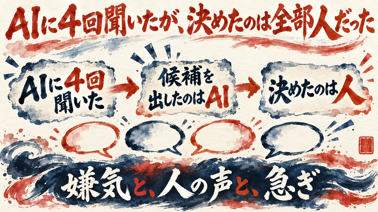 図解。AIに4回聞いた、決めたのは全部人、嫌気と人の声と急ぎ、の三つの札に、吹き出しと印鑑の水彩画が描かれている。見出しはAIに4回聞いたが、決めたのは全部人だった