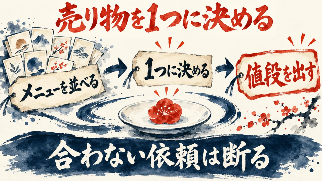 図解。見出しは売り物を1つに決める。メニューを並べる、1つに決める、値段を出す、の三つの札が矢印で並び、一品だけの皿の下の帯に合わない依頼は断る