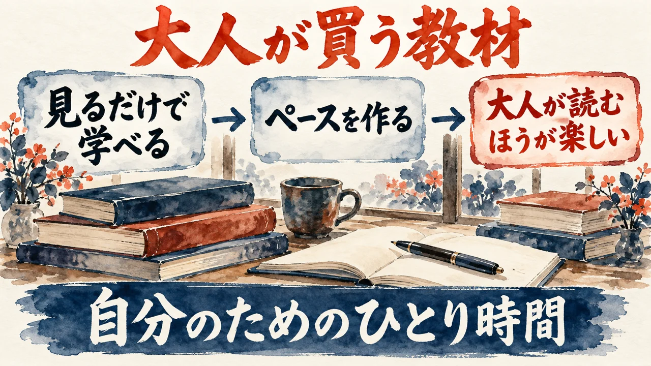 図解。見るだけで学べる、ペースを作る、大人が読むほうが楽しい、の三つの札が矢印で並び、積まれた本とペンの水彩画が添えられ、下の帯に自分のためのひとり時間の文字。見出しは大人が買う教材