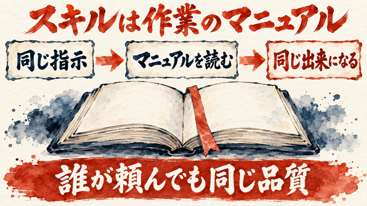 図解 同じ指示を出し、マニュアルを読ませると、誰が頼んでも同じ出来になるスキルのしくみ。開いた手順書としおりの水彩の絵