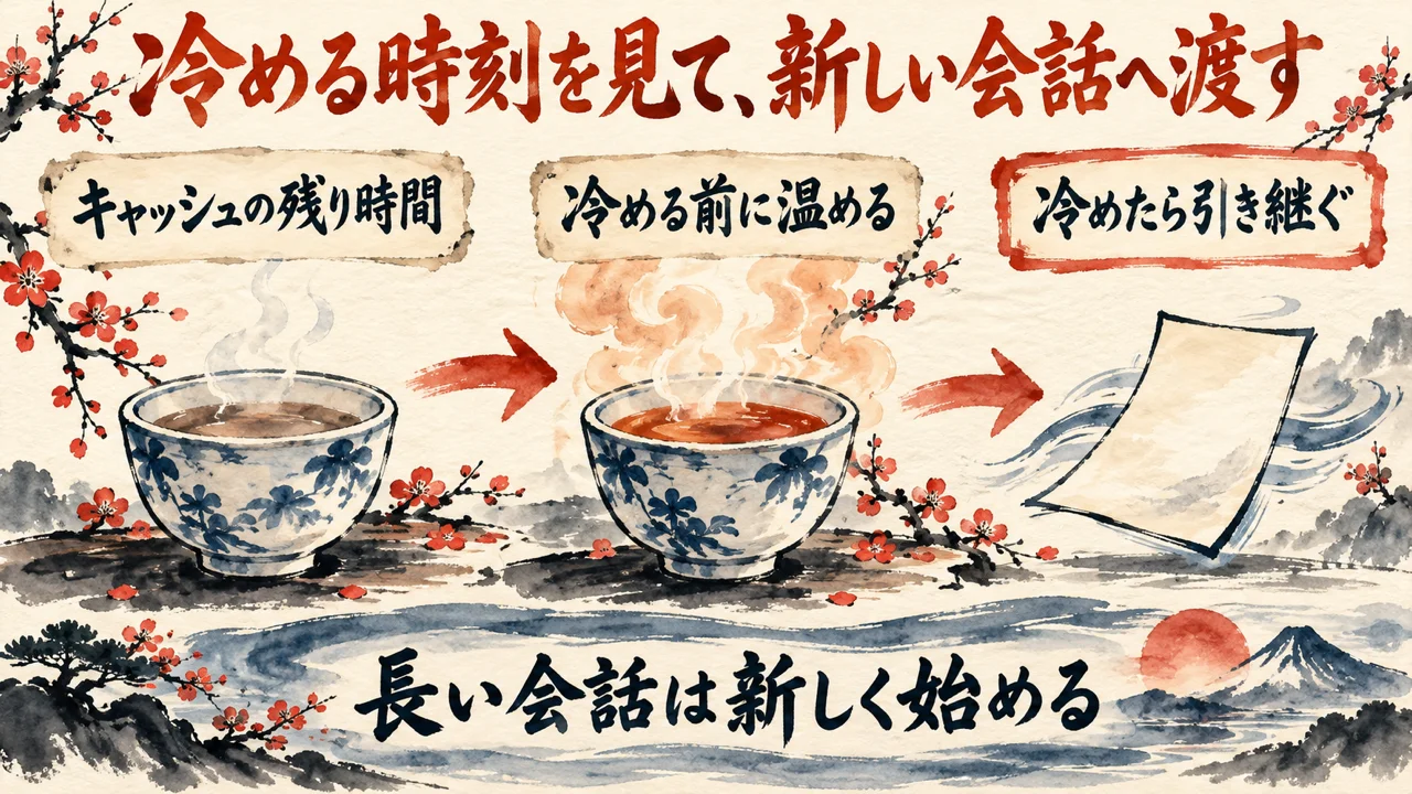 キャッシュの残り時間を示す湯のみ、冷める前に温める湯のみ、冷めたら引き継ぐ一枚の紙を並べた水彩の図解
