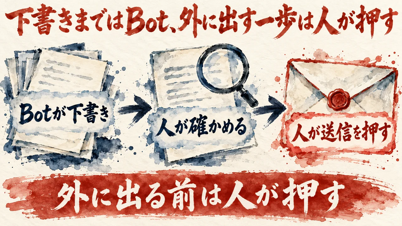下書きまではBot、外に出す一歩は人が押す、という図。Botが下書き、人が確かめる、人が送信を押す、の順に並ぶ
