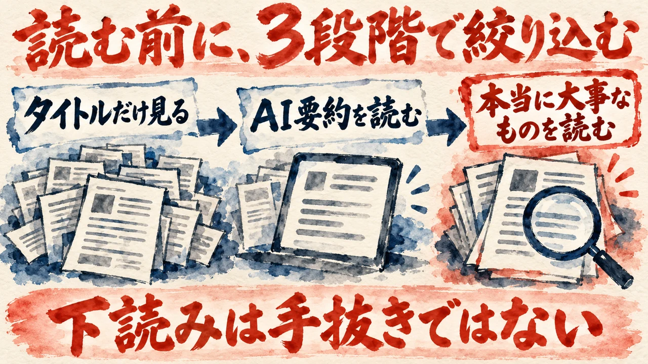 図解。タイトルだけ見る、AI要約を読む、本当に大事なものを読む、の三つの札に、積まれた記事の束と虫眼鏡の水彩画が描かれ、下の帯に下読みは手抜きではないの文字。見出しは読む前に、3段階で絞り込む