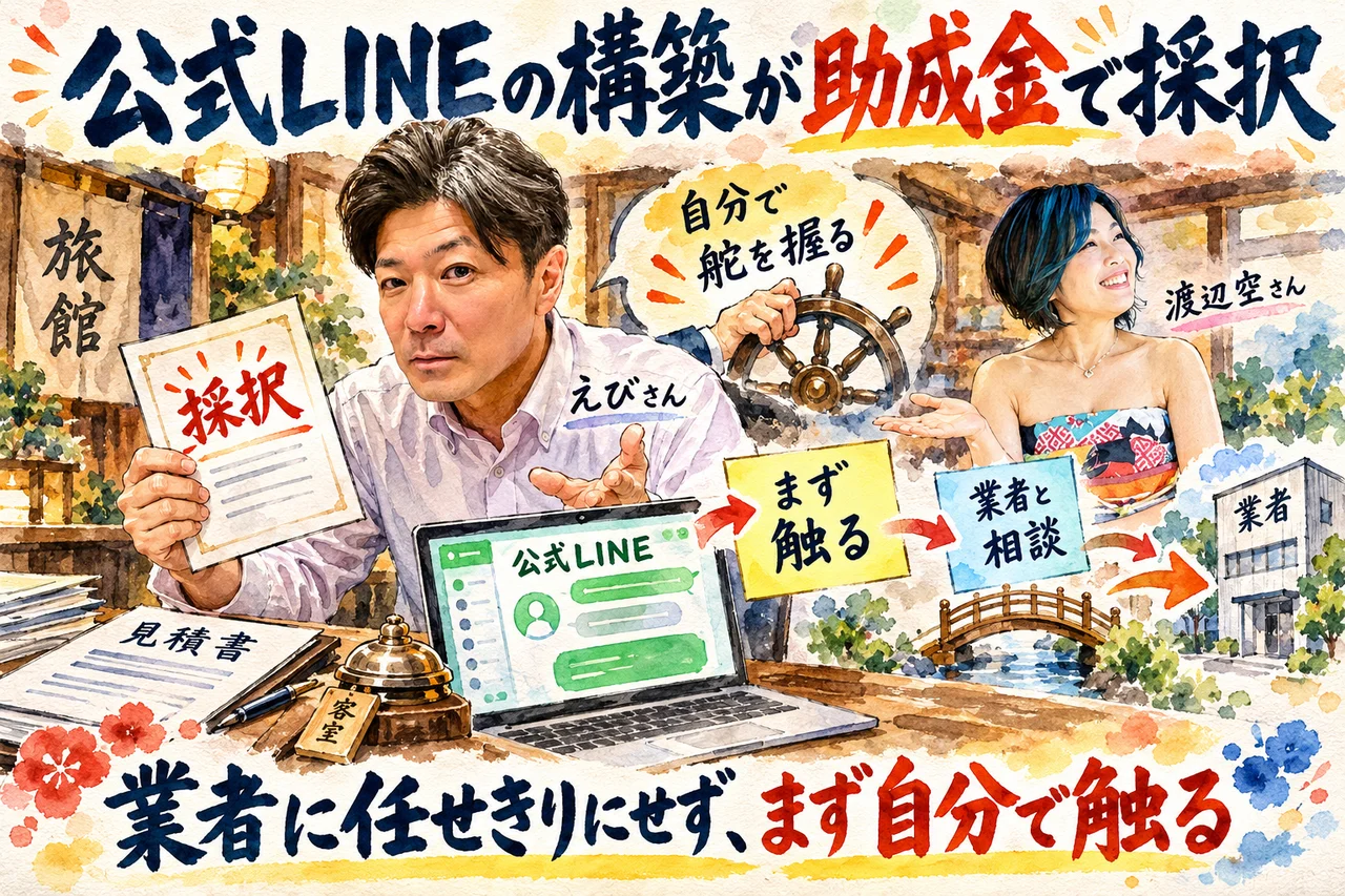 公式LINEの構築が助成金で採択された話と、業者に任せきりにせず、まず自分で触ることを示すグラレコ