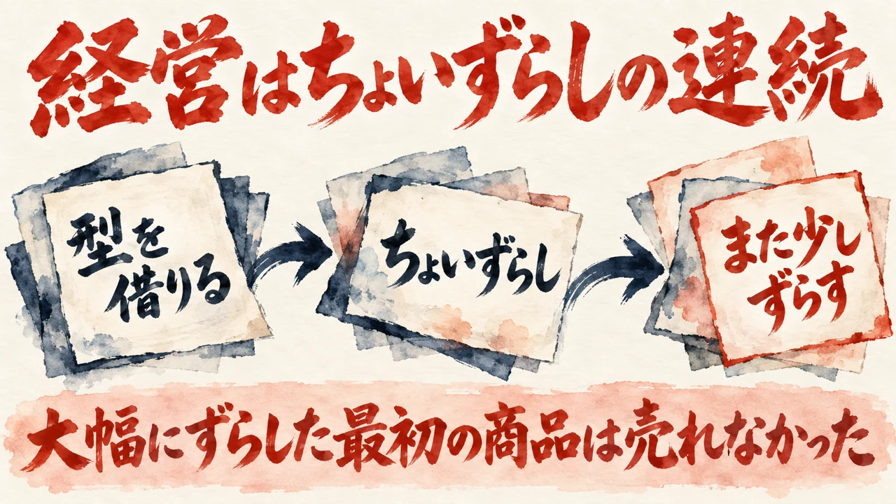 図解。見出しは経営はちょいずらしの連続。型を借りる、ちょいずらし、また少しずらす、の三つの札が矢印で並び、下の帯に大幅にずらした最初の商品は売れなかった