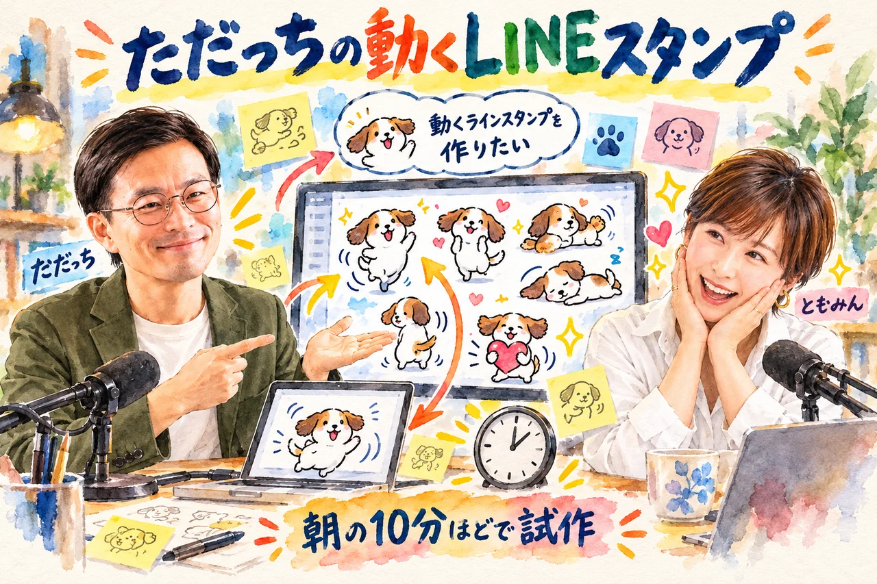 ただっちの動くLINEスタンプ|動くラインスタンプを作りたいの一言から試作する流れの図