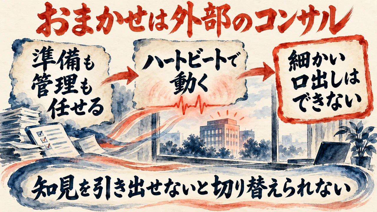 図解。見出しはおまかせは外部のコンサル。準備も管理も任せる、ハートビートで動く、細かい口出しはできない、の三つの札が矢印で並び、下の帯に知見を引き出せないと切り替えられない