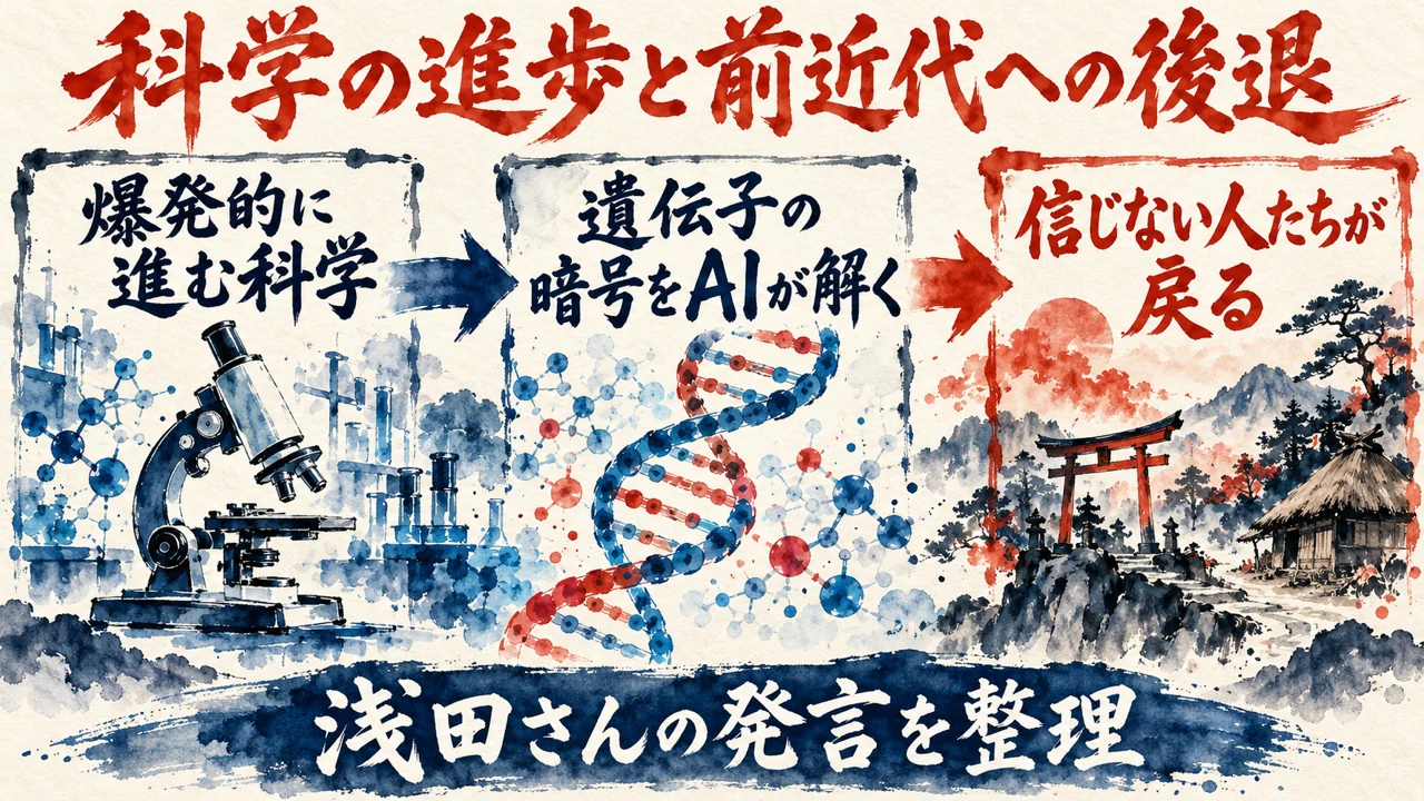 図解。見出しは科学の進歩と前近代への後退。爆発的に進む科学、遺伝子の暗号をAIが解く、信じない人たちが戻る、の三つの札が矢印で並び、下の帯に浅田さんの発言を整理