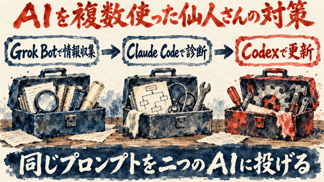 図解。見出しはAIを複数使った仙人さんの対策。Grok Botで情報収集、Claude Codeで診断、Codexで更新、の三つの札が矢印で並び、下の帯に同じプロンプトを二つのAIに投げる
